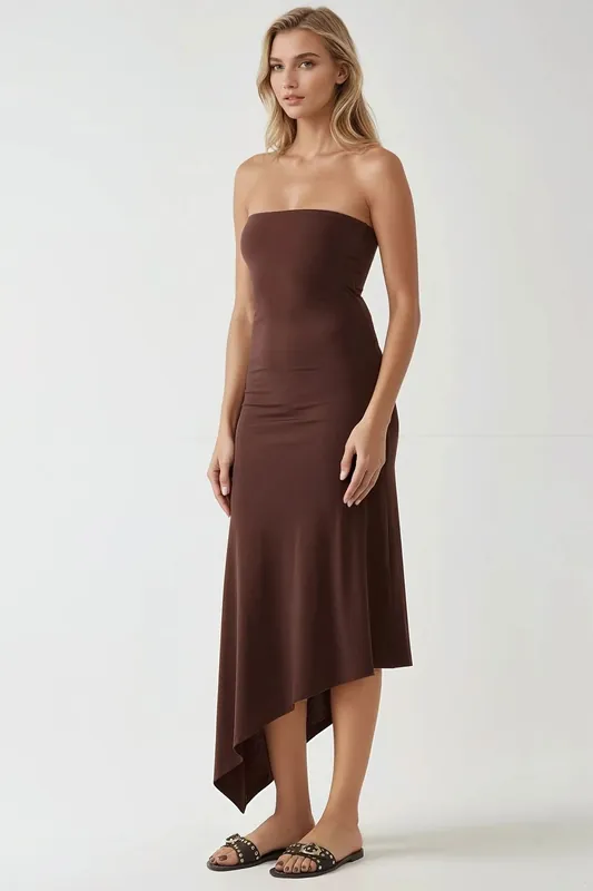 Strapless Bodycon Maxi Dress with Asymmetric Hem - Hiccup