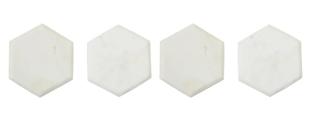 Set Of Four White Marble Hexagonal Coasters, Durable Natural Stone Coasters For Home & Kitchen - Orsina