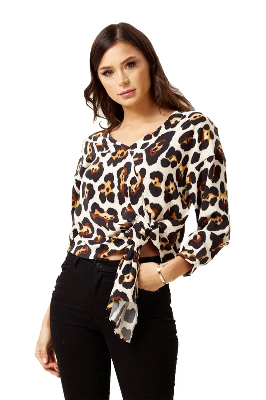 Liquorish Tie Top in Animal Print with Long Sleeves