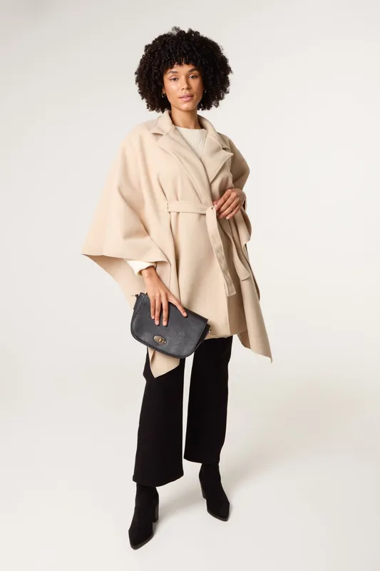 Light Brown Belted Cape Coat - Blue Vanilla