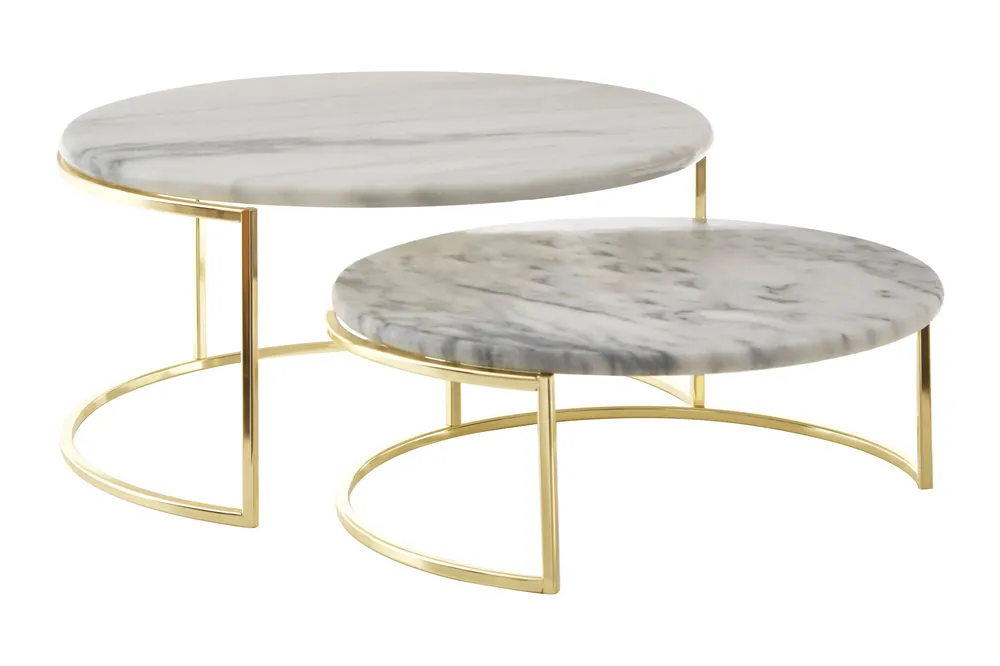 Set of 2 White Marble Cake Stands, Round Cake Plate, Brass Finish Display Unit, White Veined Marble Plate - Orsina