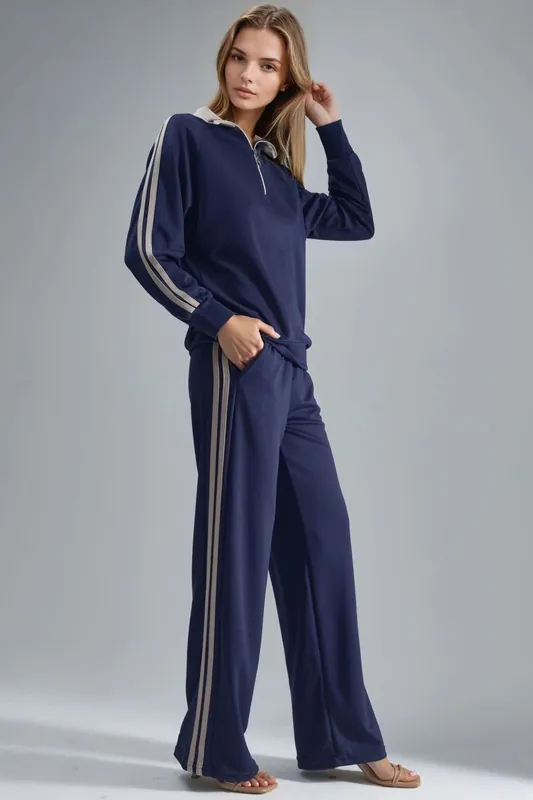 Modal Touch Wide Leg Striped Two-Piece Coord Set with Zipper Collar