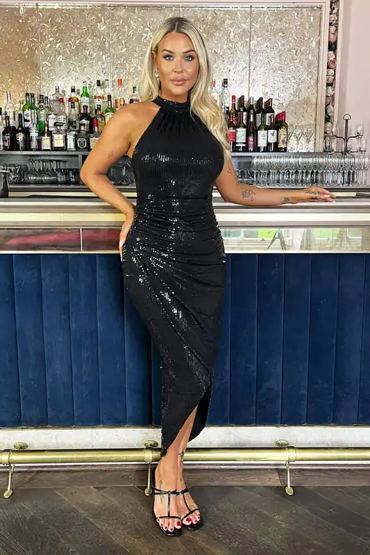 Black Rectangular Sequin Halter Neck Draped Wrap Skirt Midi Dress - AX Paris