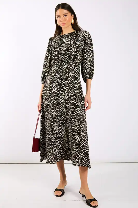 Black Spotty 3/4 Sleeve Midi Dress - Needs No Label