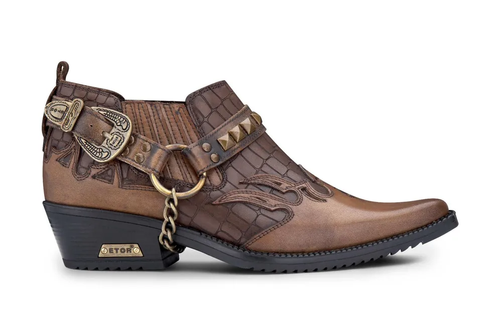 Men's Tan Croc Leather Winklepicker Studded Western Biker Shoes - Infinity Leather