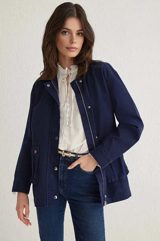 Plain Collared Button and Zip Utility Jacket - WOVCOR