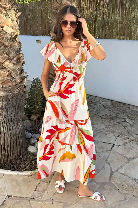 Multi Leaf Print Open Tie Back Frill Top Smock Midi Dress - AX Paris