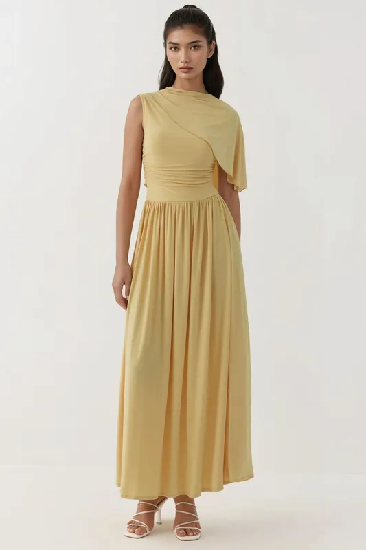 Asymmetrical Collar Off-Shoulder Maxi Dress