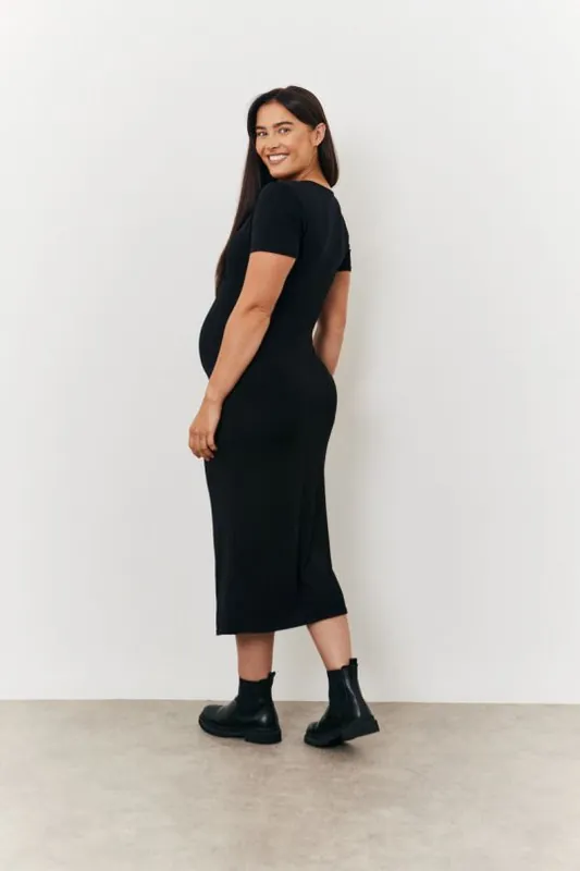 Black Maternity Short Sleeve Midi Wrap Dress - In The Style