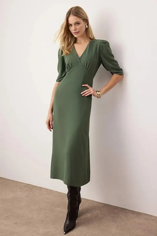 Midi Woven Dress with Gathered Sleeves - WOVCOR