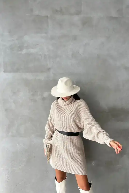 Knitted Turtleneck Long Sleeve Midi Oversized Dress - Hiccup