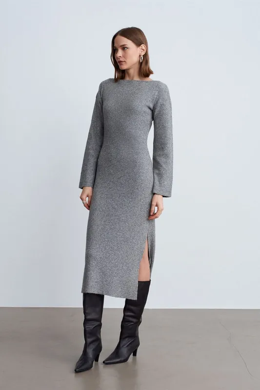 Ribbed Bodycon Midi Dress With Slit - Dilvin