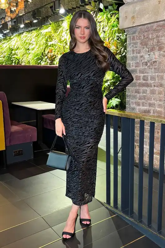 Black Velvet Zebra Striped Overlay Long Sleeve Midi Dress - AX Paris
