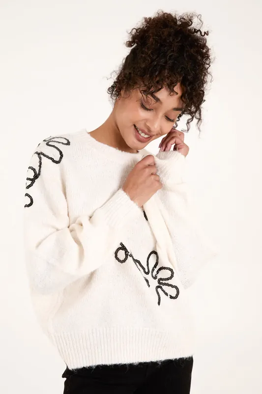 Stone Abstract Flower Sequin Jumper - Blue Vanilla