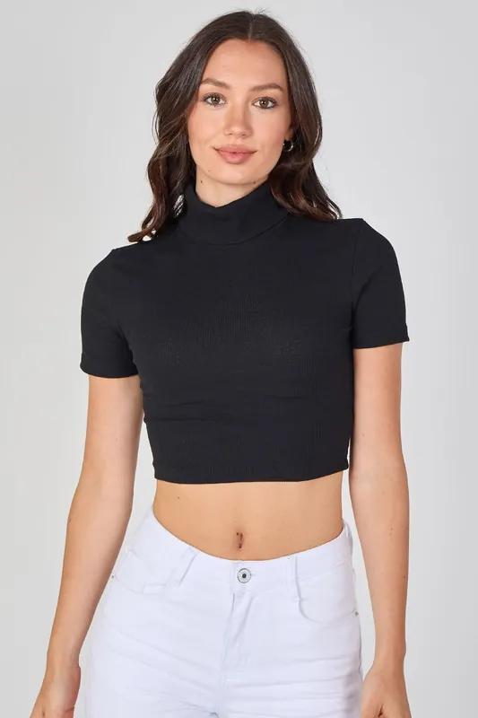 Ribbed Roll Neck Short Sleeve Crop Top - ELAINA FASHION