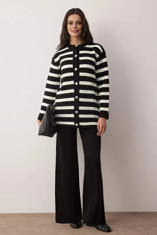 Striped Button Front Knit Top and Wide Leg Trouser Co-Ord Set