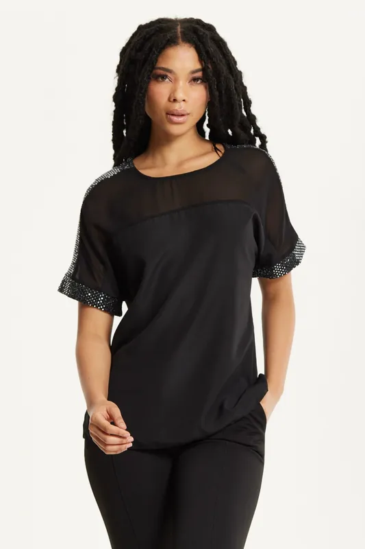 Black Sheer Sequin Trim Top - Liquorish