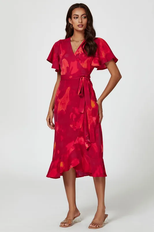 Abstract Print Angel Sleeve Wrap Midi Dress In Red - FS Collection
