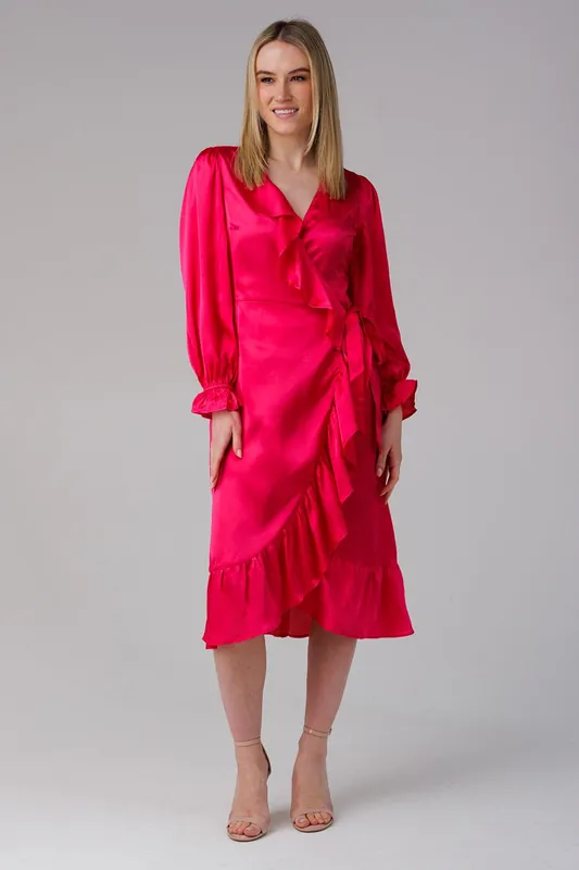 Wrap Frill Long Sleeve V-Neck Midi Dress