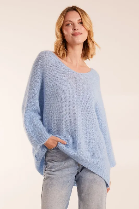 V Neck Fluffy Jumper With Seam Detail - Blue Vanilla