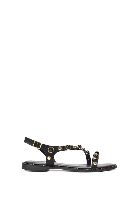 Eva' Flat Slingback Sandals With Studded Pearls - XY London