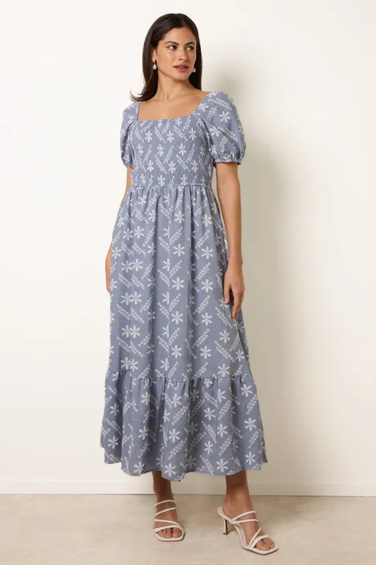 Blue Embroidery Puff Sleeve Midi Dress - Blue Vanilla