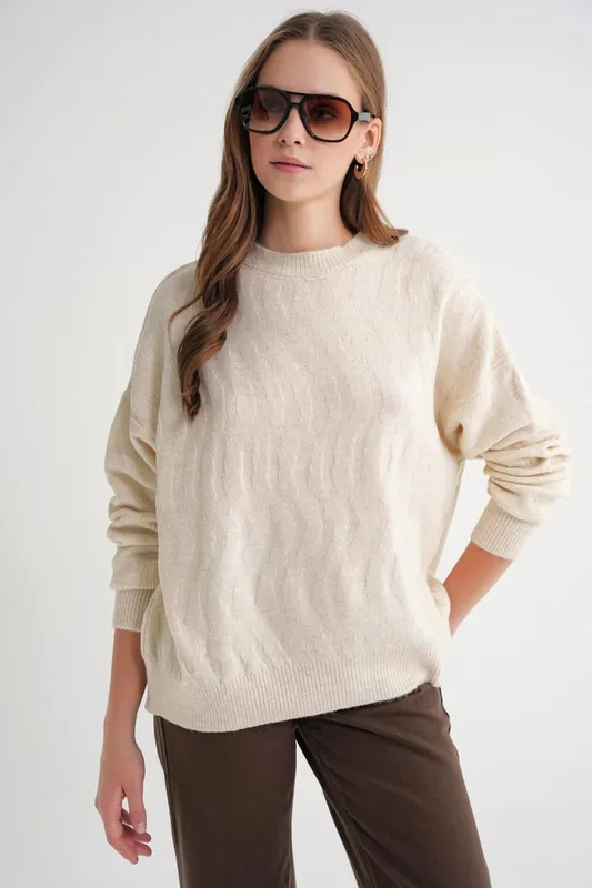 Ribbed Knitwear Pullover Sweater with Hair Braid Pattern - MixRay