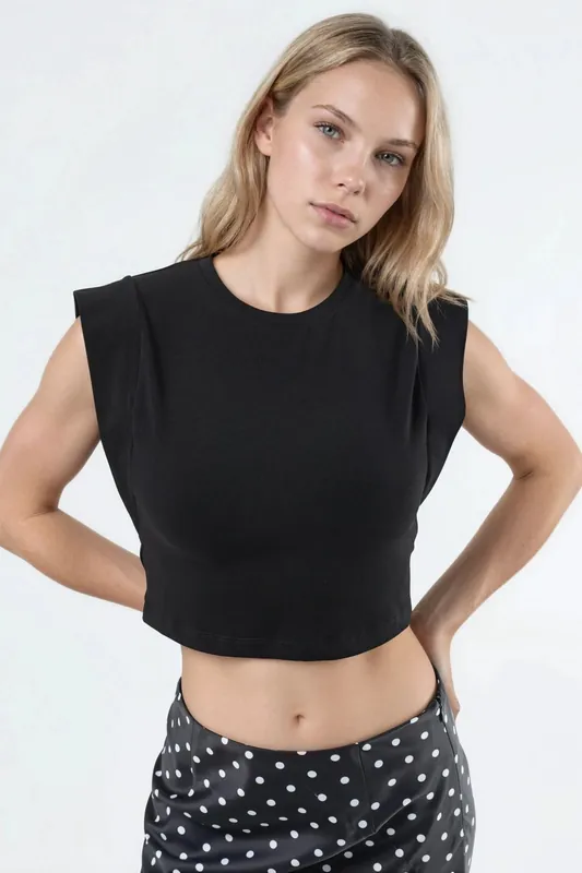 Crew Neck Cotton Blend Sleeveless Crop Top - Busem