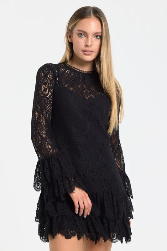 Black Lace Frill Sleeve Mini Dress - Liquorish