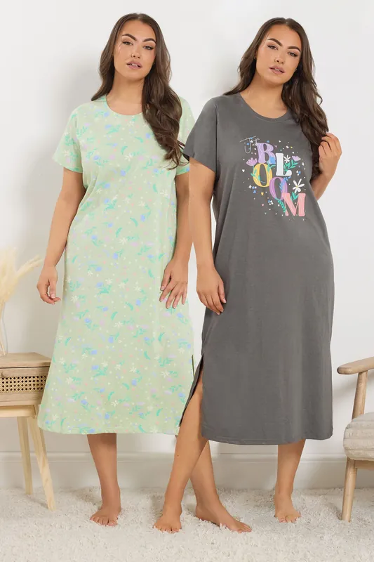 2 Pack 'Bloom' Midaxi Nightdresses - Yours