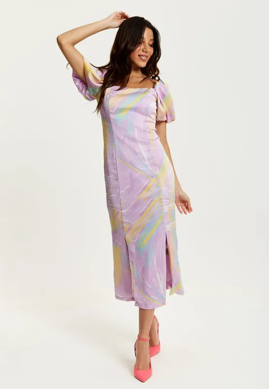 Midi Square Neck, Brush Stroke Print Dress In Lilac - Liquorish