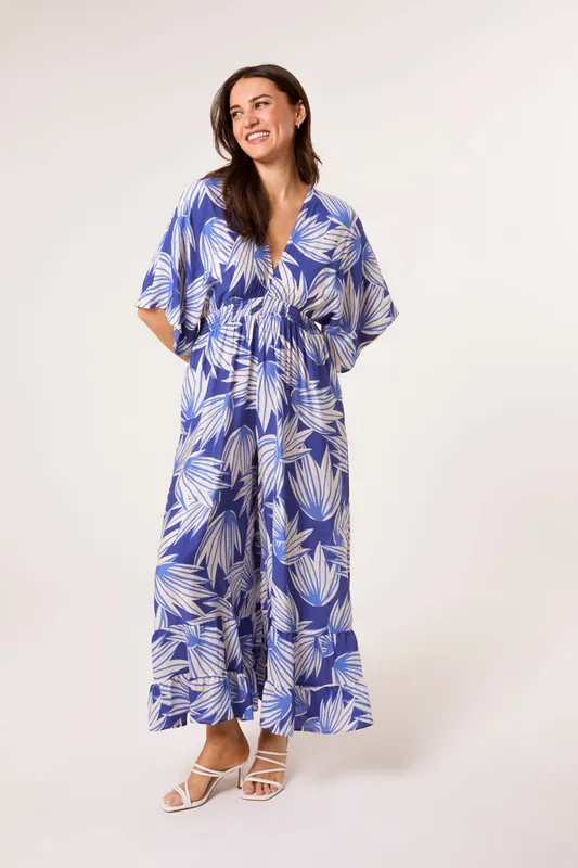 Blue Printed Leaf Wide Leg Jumpsuit - Blue Vanilla