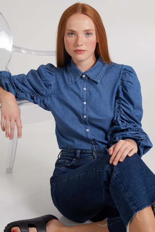 Blue Ruched Sleeve Denim Shirt - Pink Vanilla