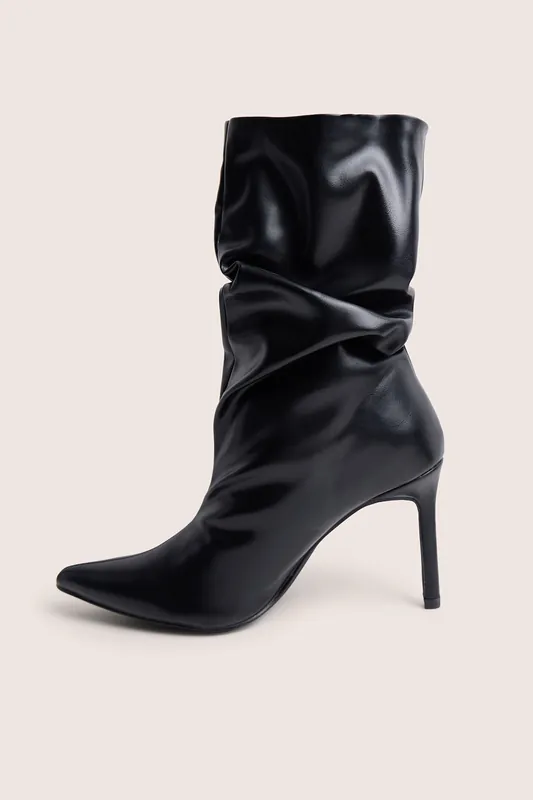 Lilu Black Pu Ruched Mid Heel Ankle Boot - Public Desire