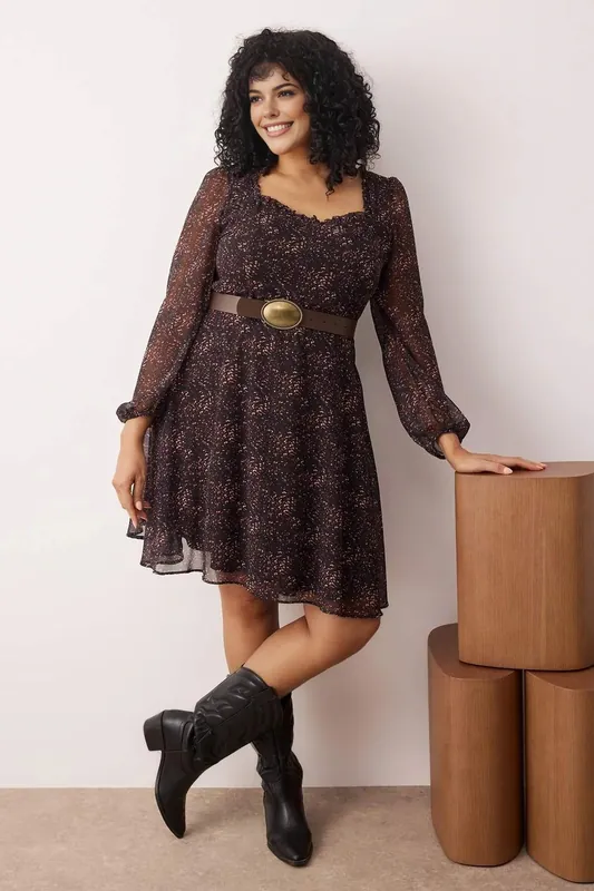 Printed Sweetheart Neck Long Sleeve Mini Dress with Belt - WOVCOR