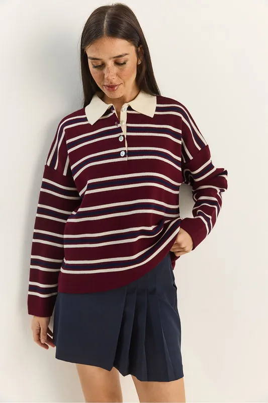 Striped Polo Collar Button Sweater - Bianco Lucci