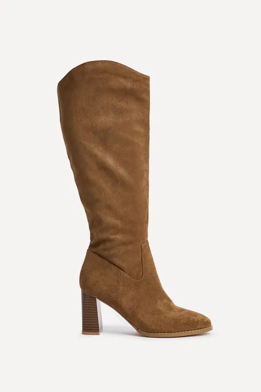 Rodeo Tan Faux Suede Western Long Block Heeled Boot - Linzi
