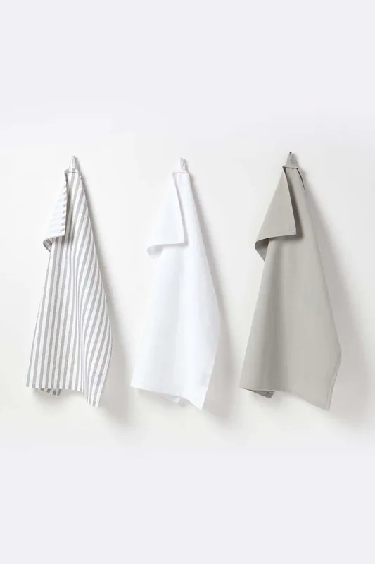 Striped Grey Cotton Tea Towels Set Of Three - Homescapes