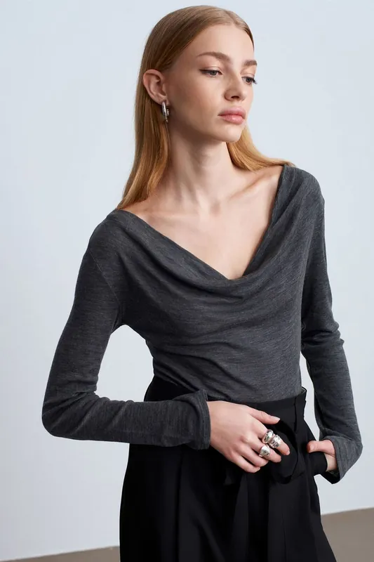 Fitted Wool Knit Cowl Neck Blouse - Dilvin