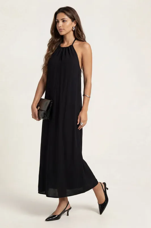 Braided Neck Trim Maxi Dress Black - Urban Bliss