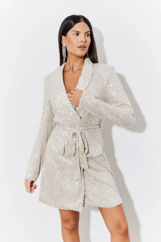 Silver Sequin Belted Blazer Dress - In The Style
