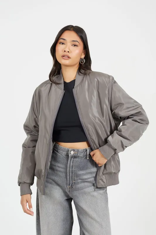Ruched Sleeve Oversized Bomber Jacket - Brave Soul