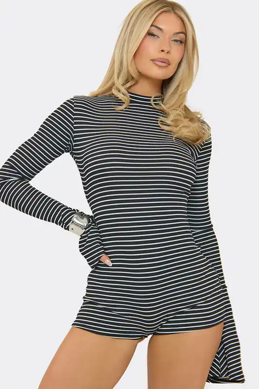 Long Sleeve High Neck Striped Playsuit - EGO