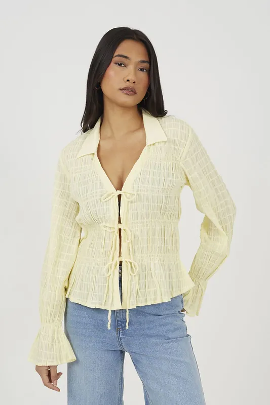 Long Sleeve Tie Front Smock Top - Brave Soul