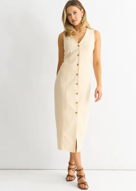 Stone Button Through Waist Coat Midi Dress - Gini London