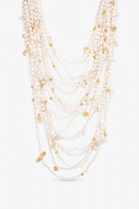 Gold Plated Statement Multirow Beaded Necklace - Mood