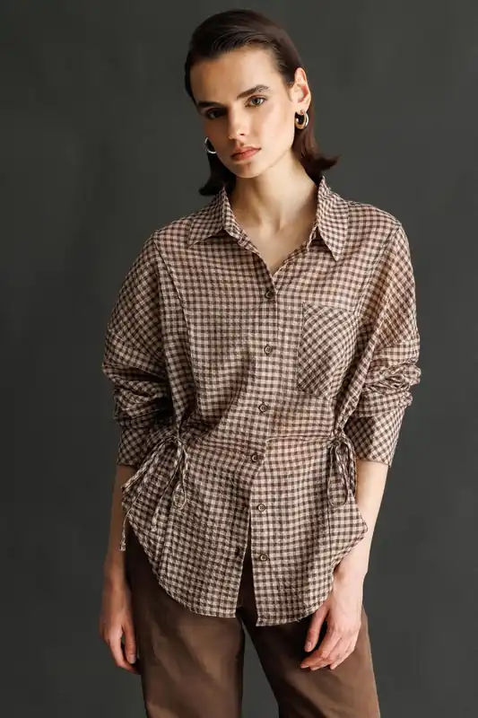 Long Sleeve Gingham Checked Shirt with Tie Detail - MixRay