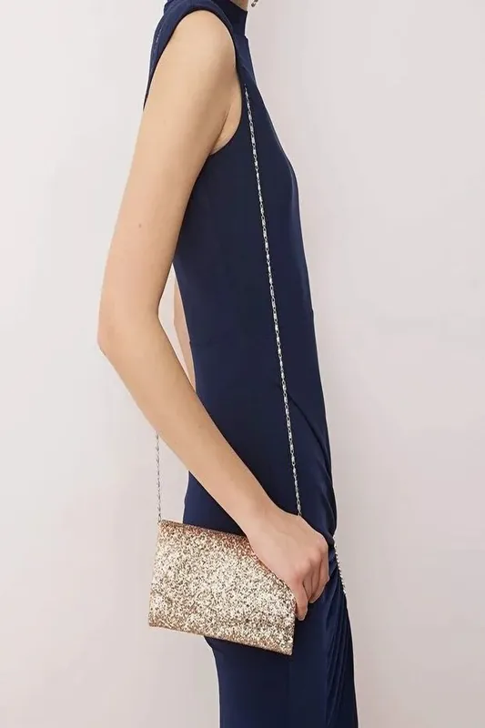 Women's Glitter Envelope Clutch Bag with Chain Strap - WOVCOR