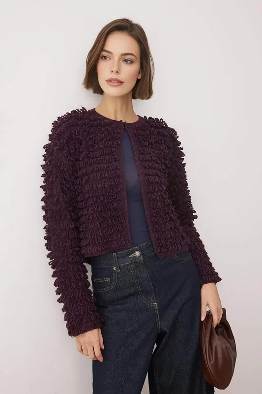 Crew Neck Textured Knit Cardigan with Long Sleeves - WOVCOR