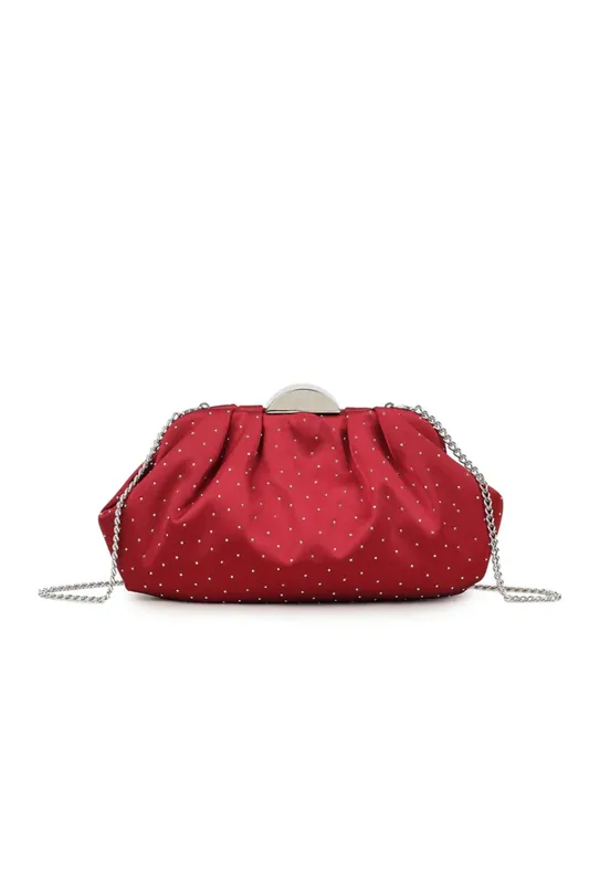 Cherry Red Embellished Satin Ruched Clutch Bag - Aftershock London